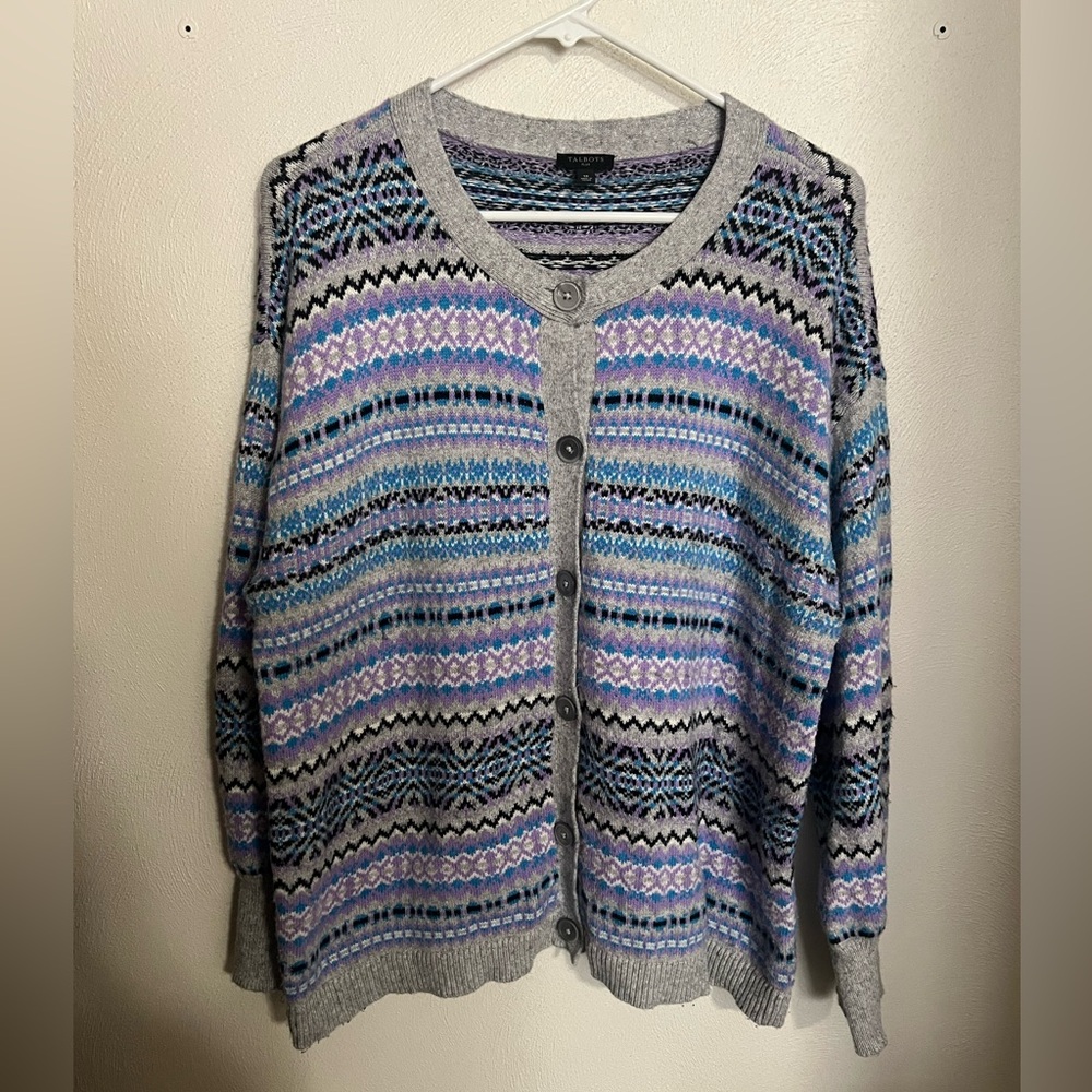 TALBOTS Classic Crewneck Fair Isle Button Down Cardigan Grey Purple‎ Blue Wms 1X